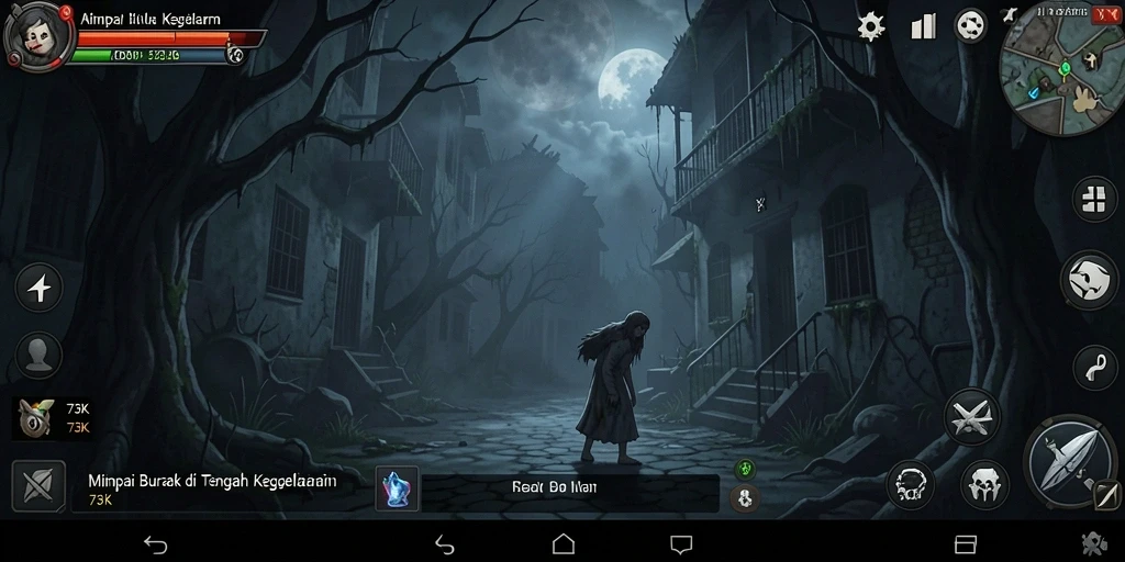 Tampilan gameplay 73K yang menegangkan di atmosfer kelam.