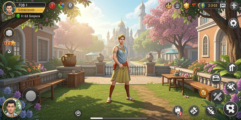 Tangkapan layar gameplay F08 yang menunjukkan simulasi kehidupan yang interaktif.
