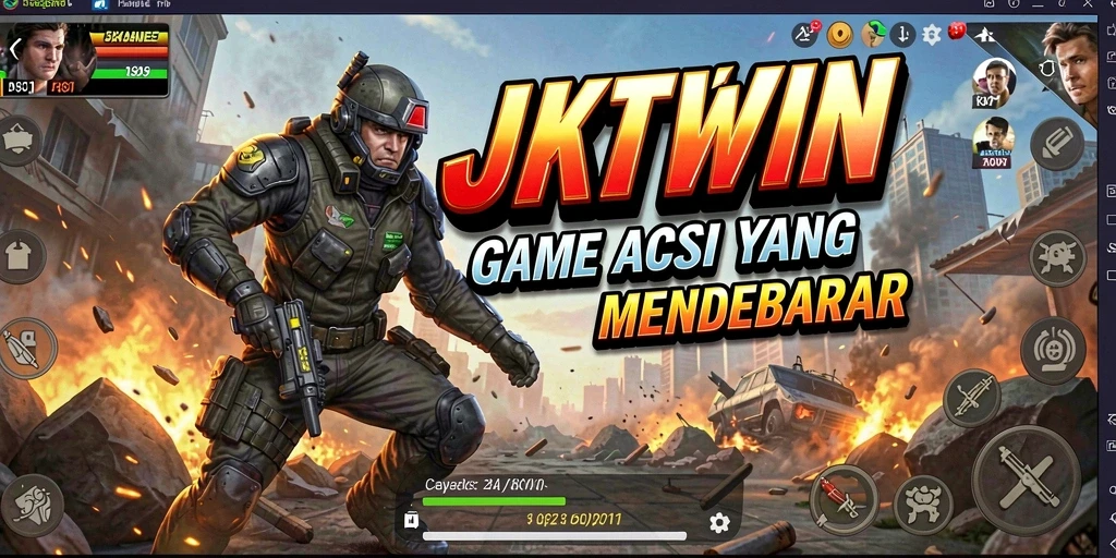 Screenshot utama JKTWIN menampilkan aksi pertempuran yang intens.