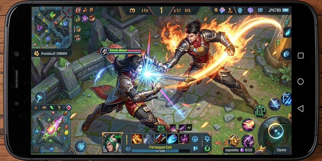 Screenshot gameplay JP6789 menampilkan aksi pertarungan yang seru dalam game MOBA.