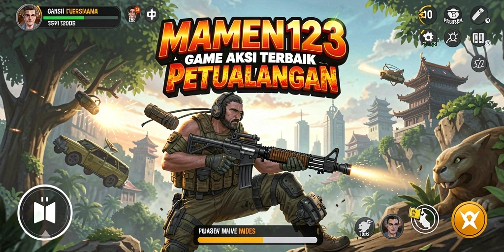 Screenshot MAMEN123 menampilkan aksi pertarungan seru di berbagai lokasi.