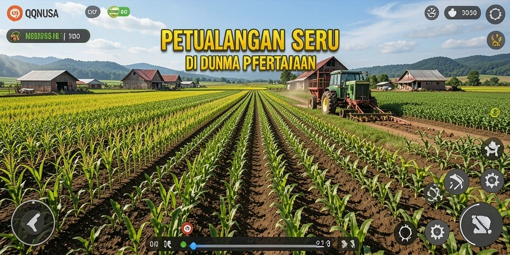 Tampilan gameplay QQNUSA dengan kebun yang subur dan tanaman berwarna-warni.