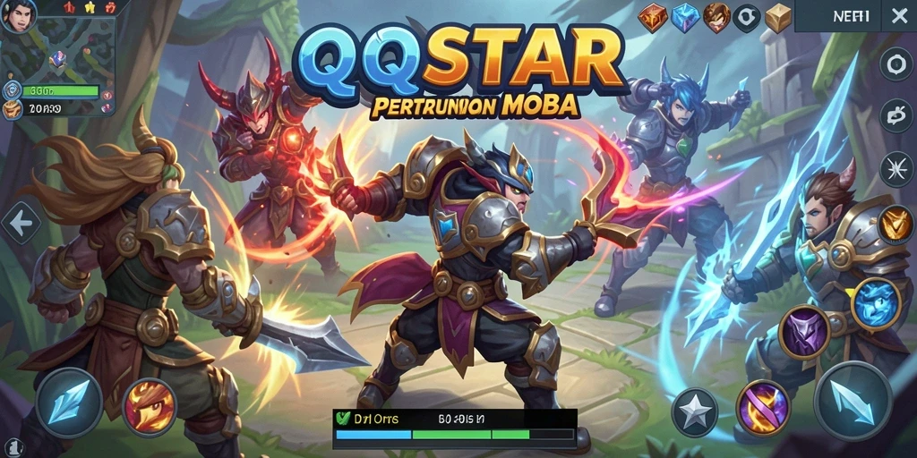 Tangkapan layar gameplay <strong>QQSTAR</strong> menunjukkan pertarungan seru di arena MOBA.