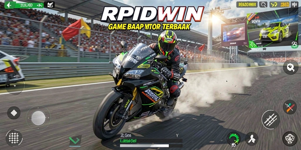 Screenshot gameplay RPIDWIN yang menunjukkan aksi balapan motor yang seru.