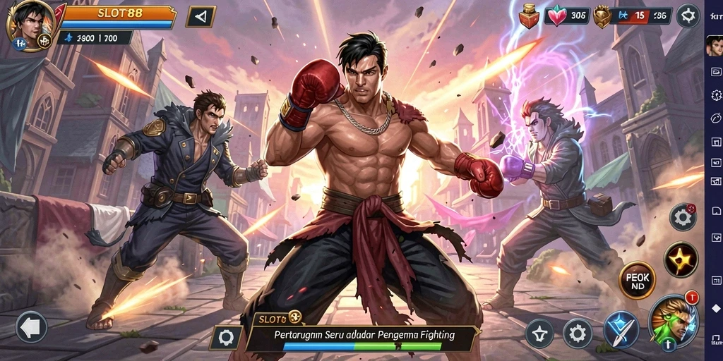 Screenshot menunjukkan pertarungan dinamis antara dua karakter di SLOT88.