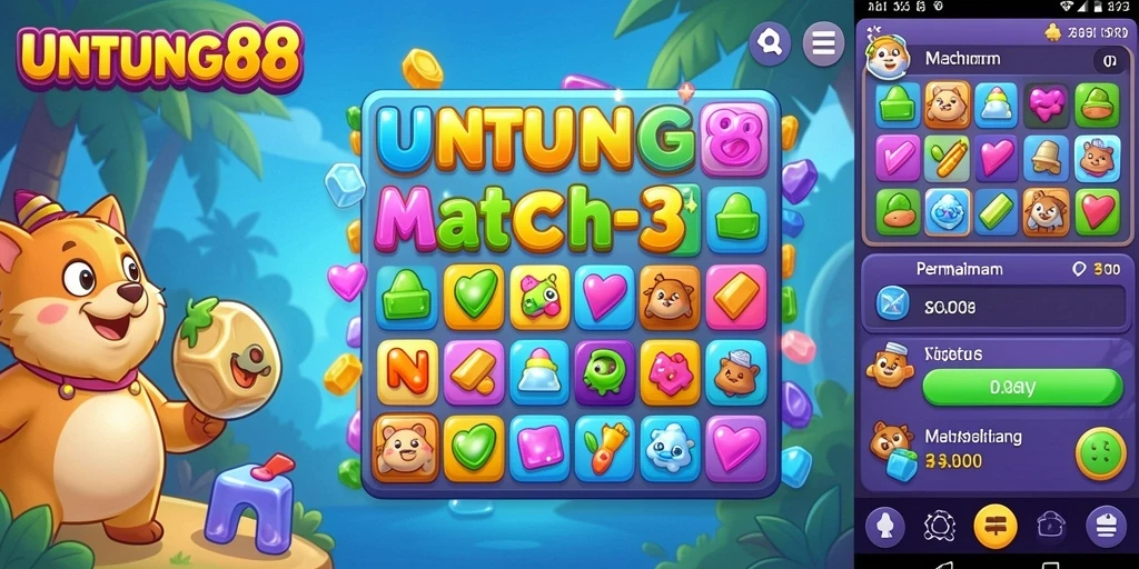 Tangkapan layar UNTUNG88 menampilkan gameplay Match-3 yang seru dan penuh warna.